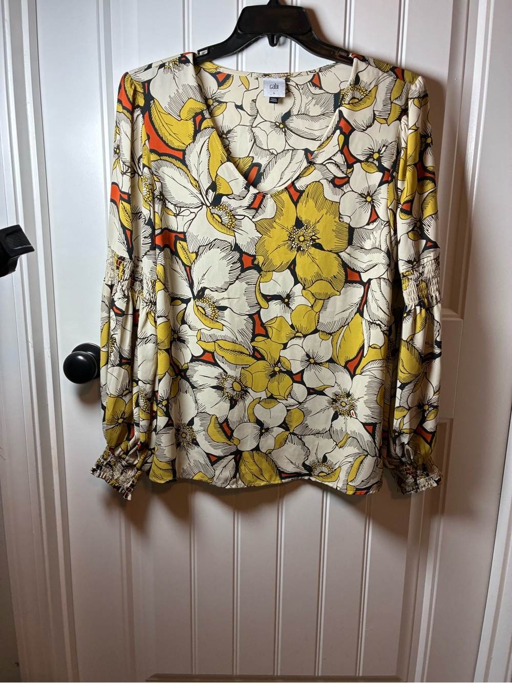 CAbi Yellow Floral V-Neck Long Sleeve Blouse